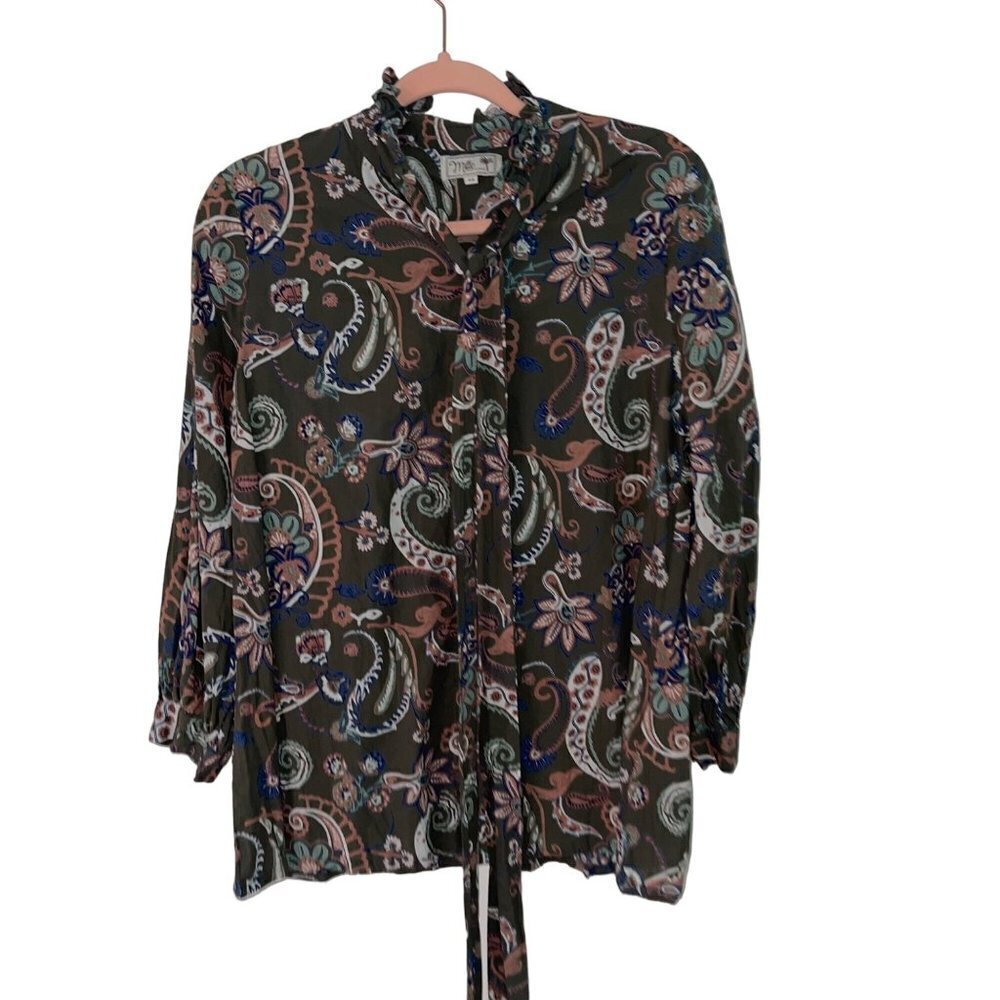 Mille Womens Top Size XS Green Le Marais Paisley Button Up Long Sleeve Tie Neck